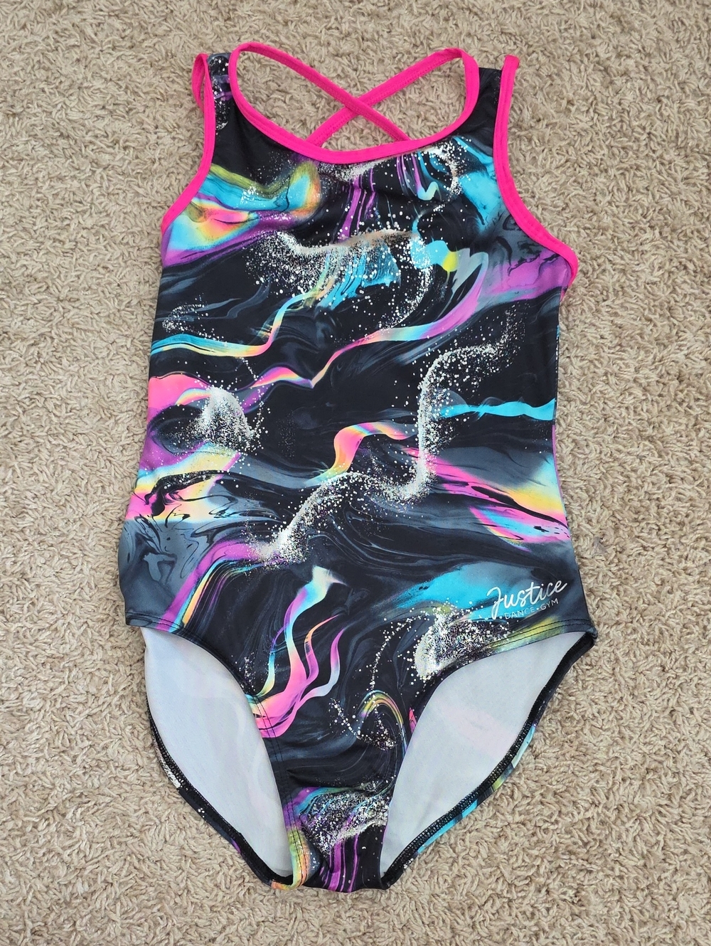 Justice Girls Neon Marble One-Piece with Pink Trim
